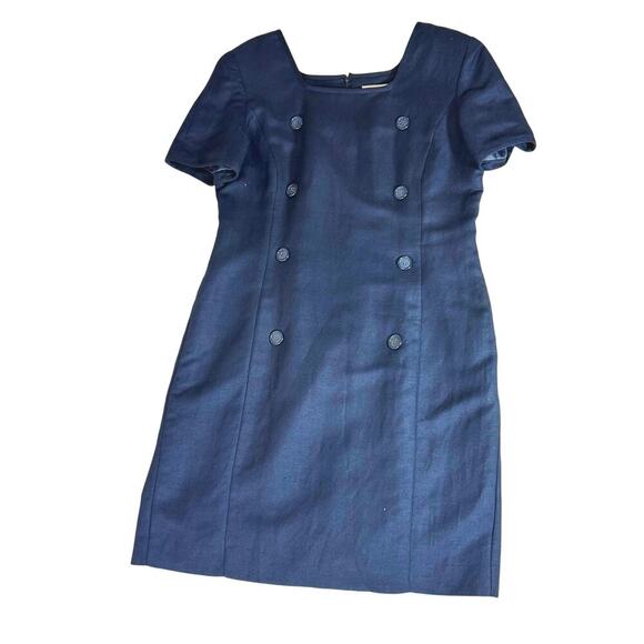 VTG Brooks Brothers Linen Short Dress Tailored Academia 80s 90s Business Navy 14 - Picture 1 of 7